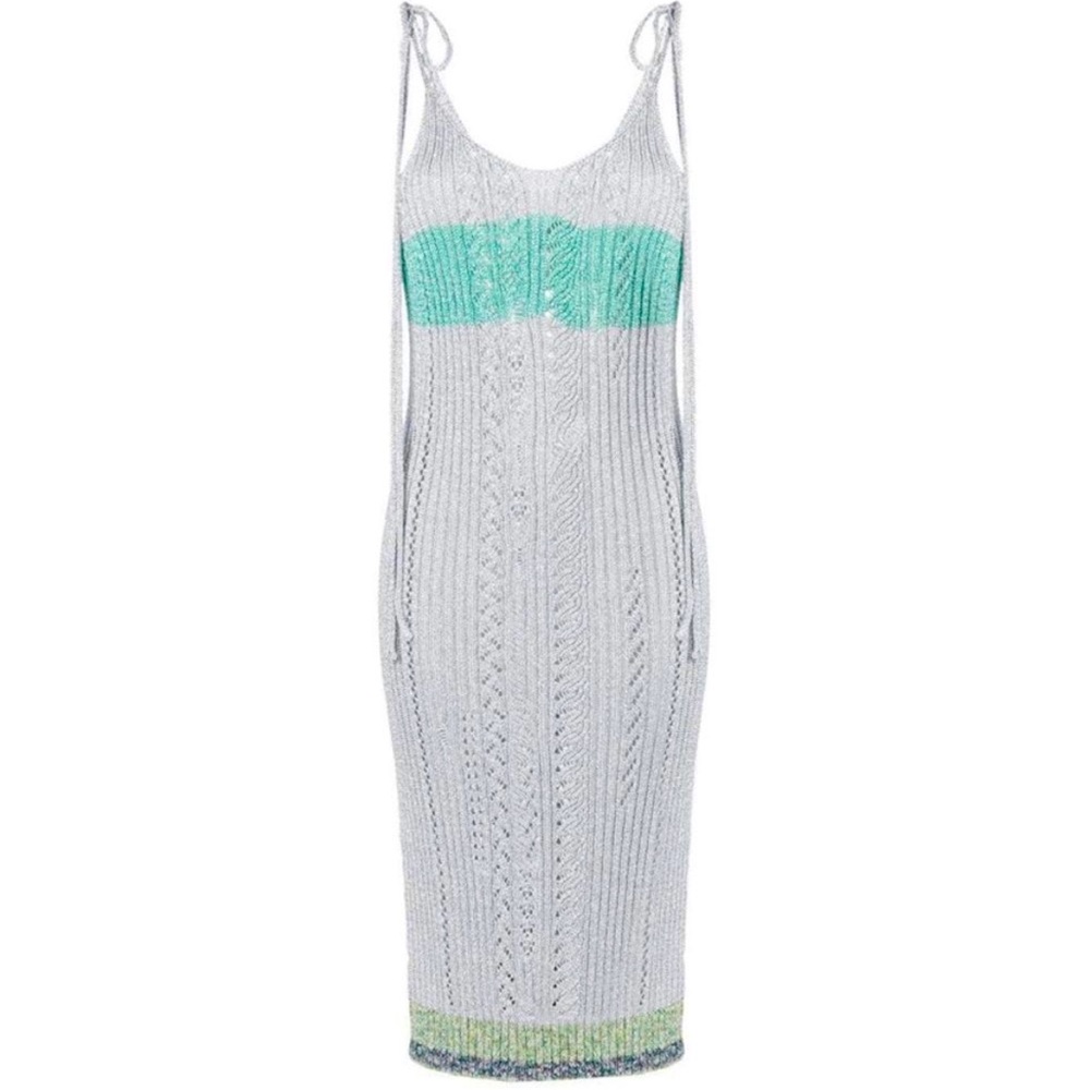 zadig and voltaire silver metallic knit tie shoulder distressed slit dress Large